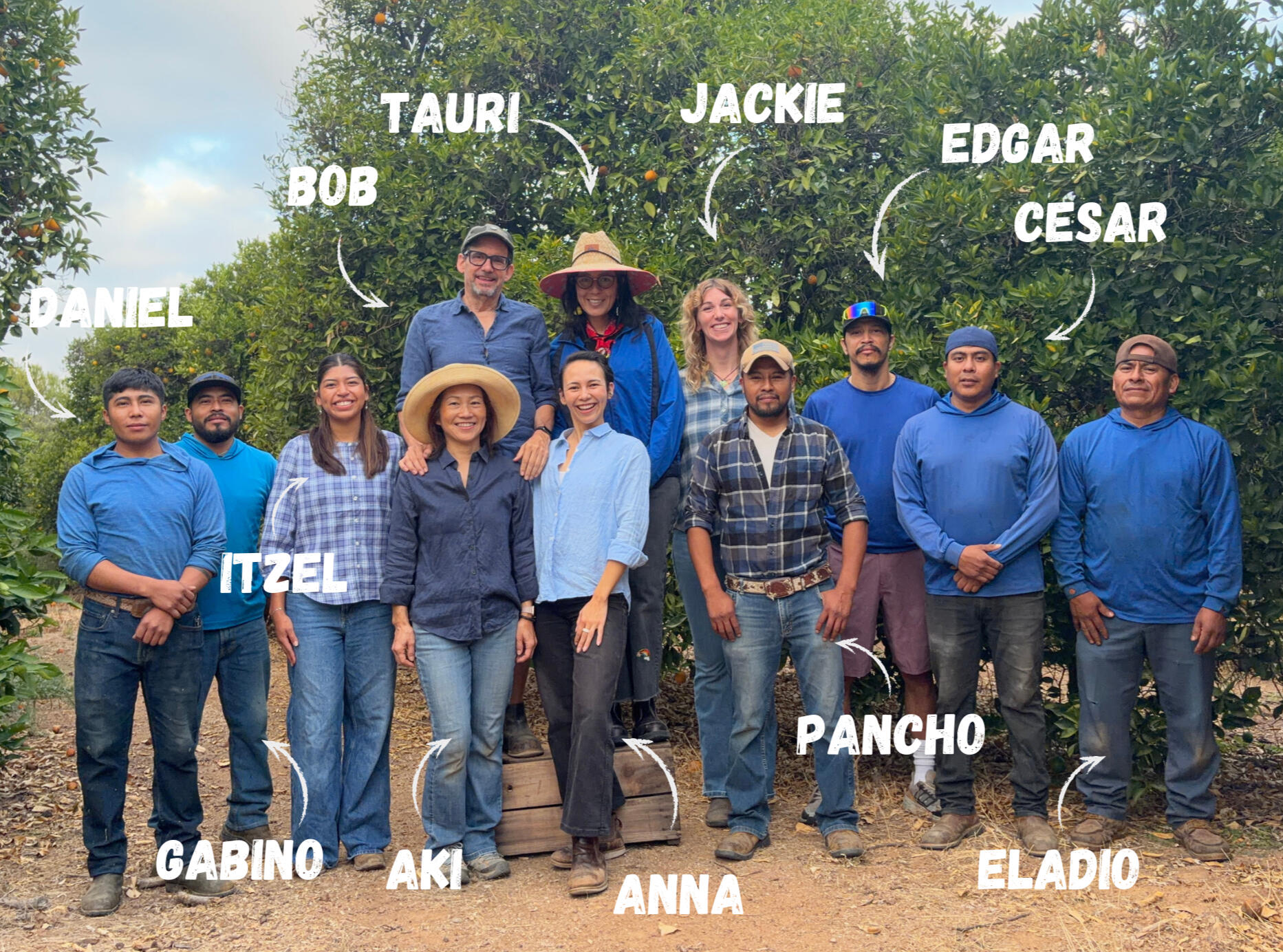 Meet the farmers - a photo of farmers Bob, Anna, Aki, Pancho, Eladio, Jackie, Mac, Carlos, Luis, and Cesar standing in front of a vintage truck.